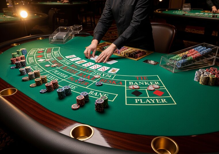 Online baccarat card game with chips on felt table